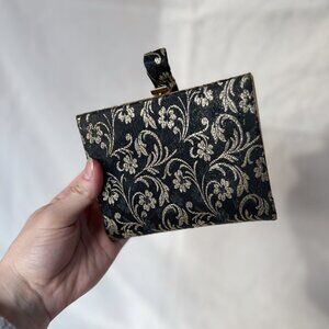 Vintage 1950's Black & Gold Floral Brocade Clutch Case with Accessories!